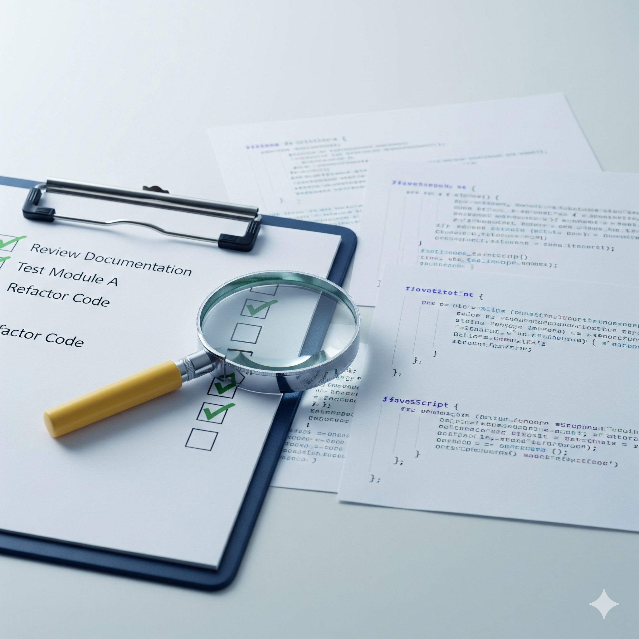 Clipboard with checklist and a magnifying glass on documents.