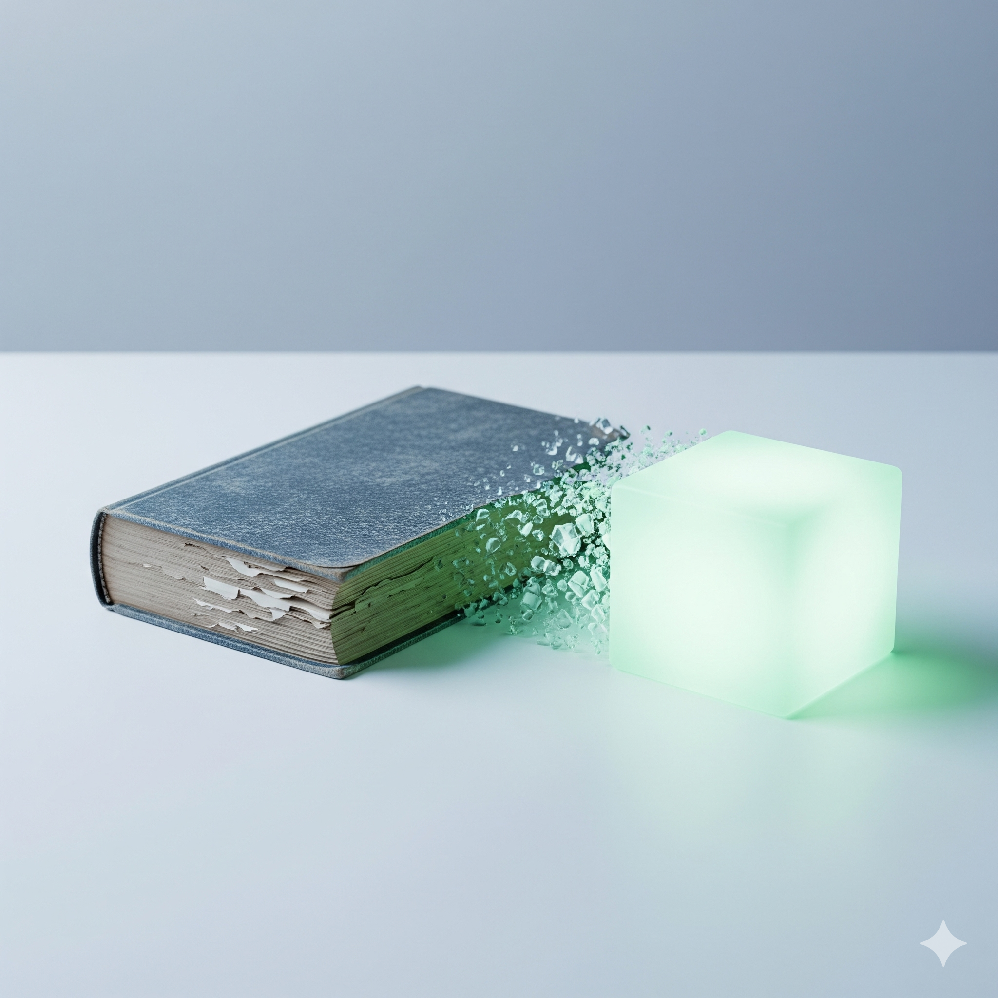 Old book transforming into a glowing cube.