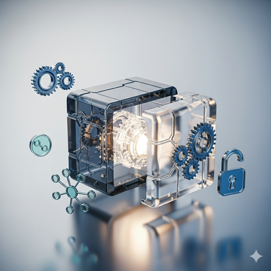 Glass cube with internal gears and digital lock, on a reflective surface.