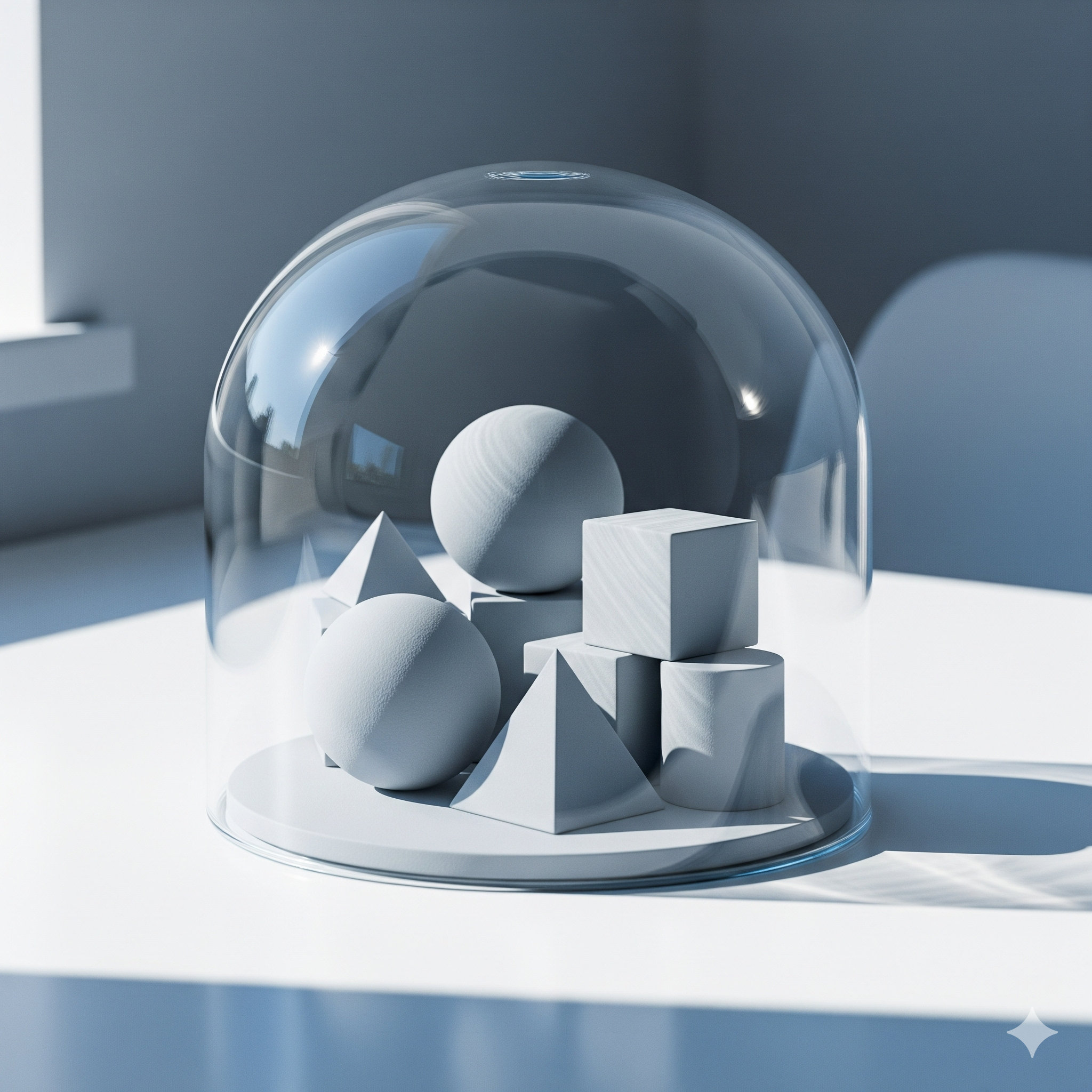Geometric shapes under a glass dome on a table.