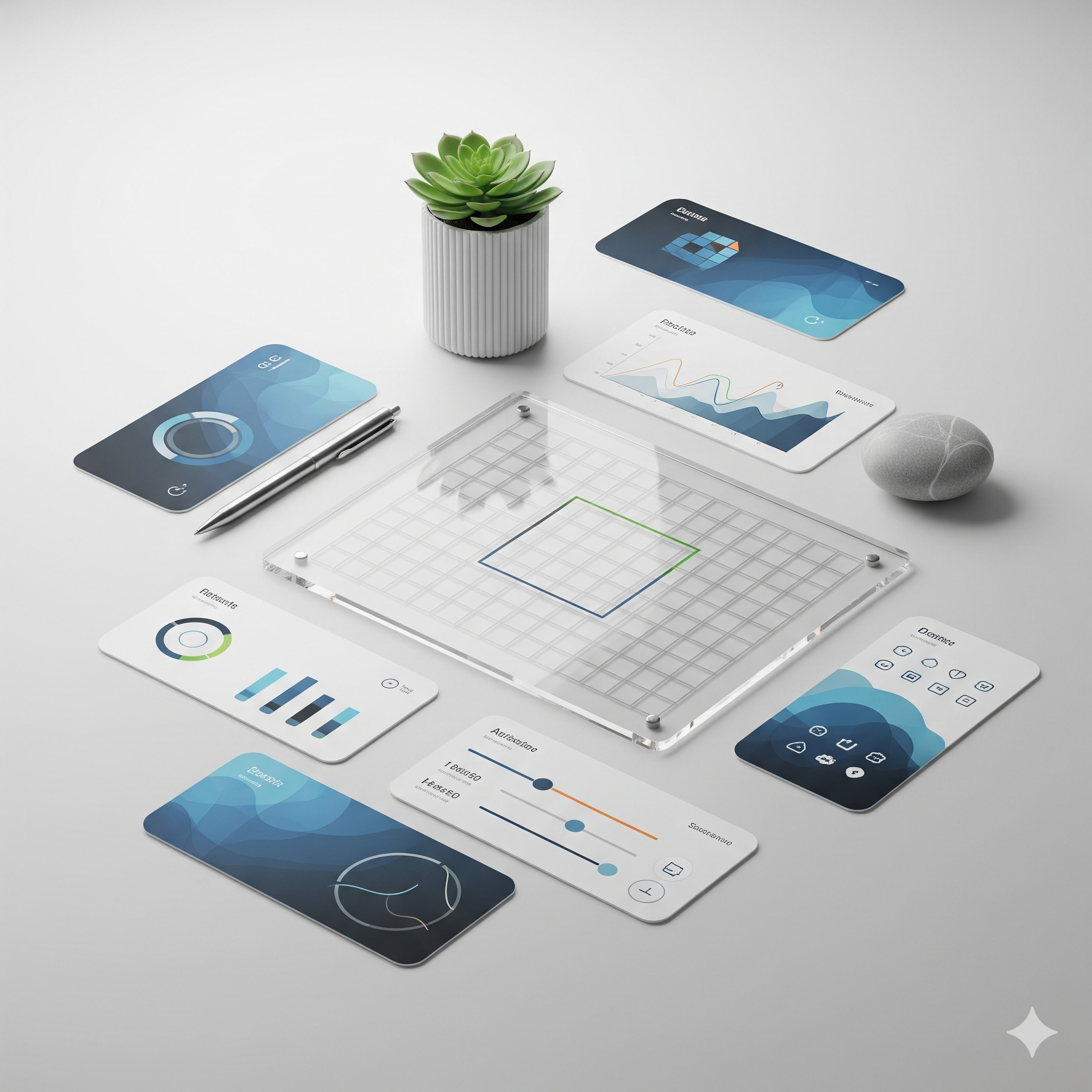 Interactive digital dashboard layout with charts and a plant.