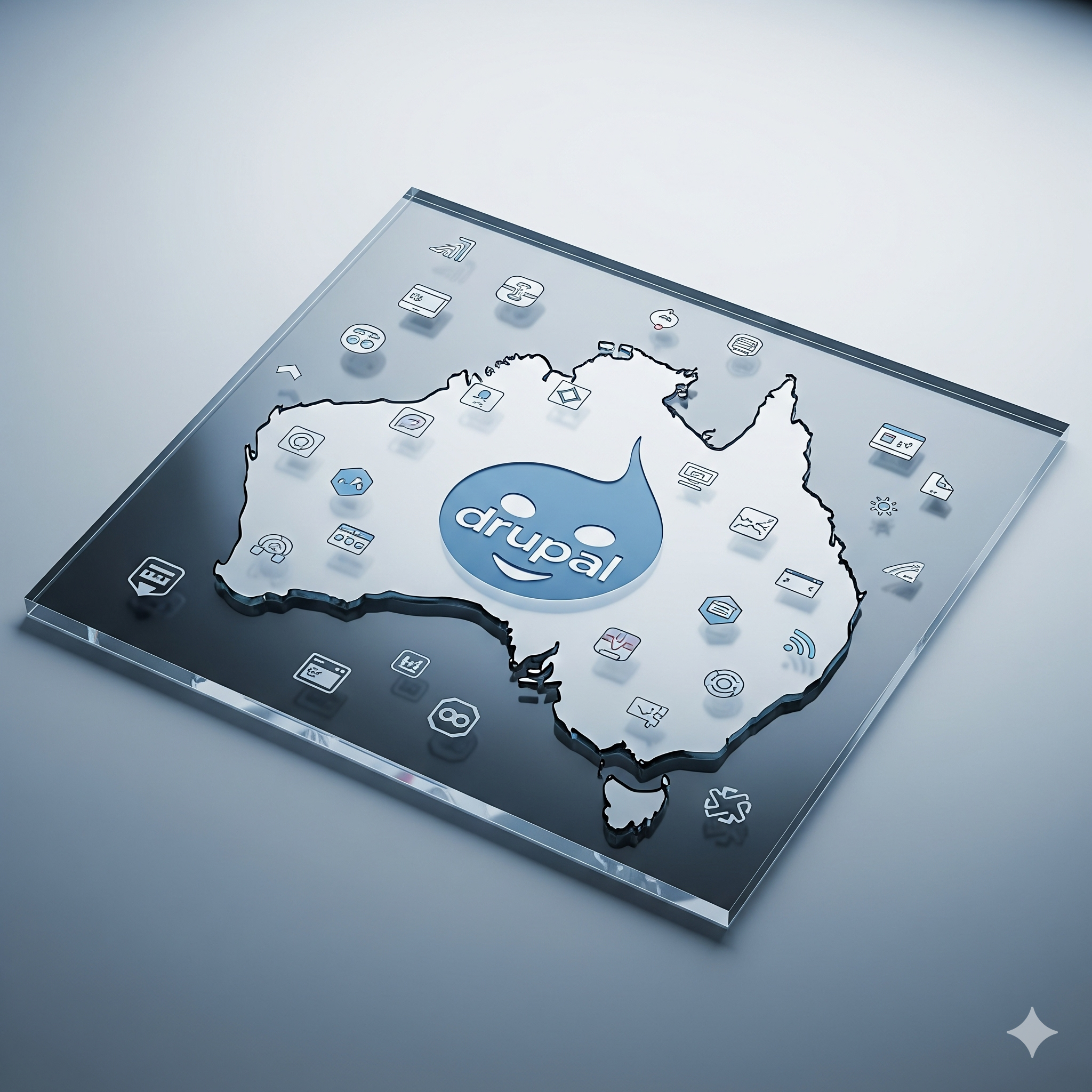 Australia-shaped graphic with Drupal logo in centre.