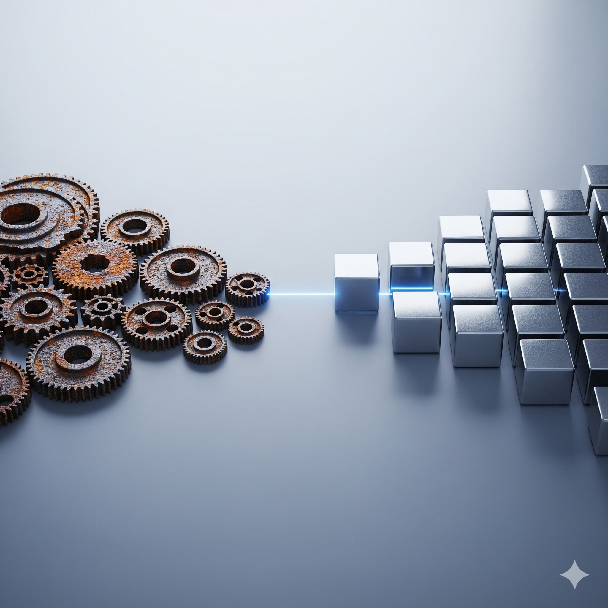 Rusty gears on the left face shiny silver cubes on the right, connected by a blue line.