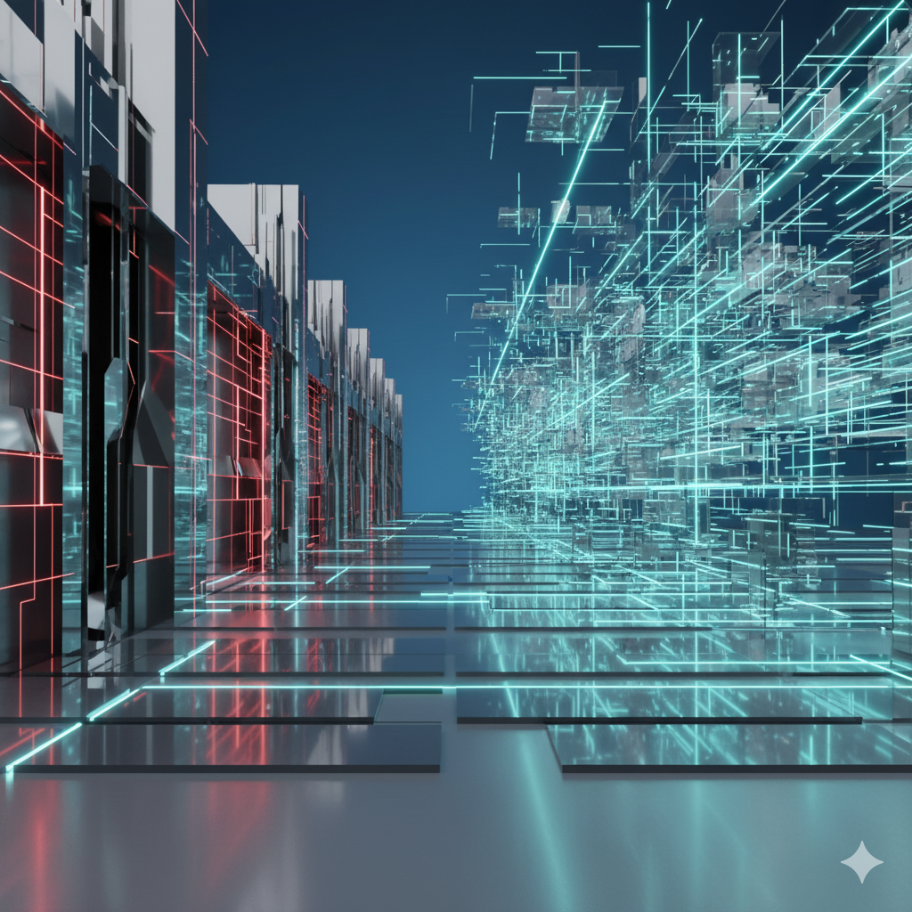 Data center illustration with digital networks and glowing circuits.