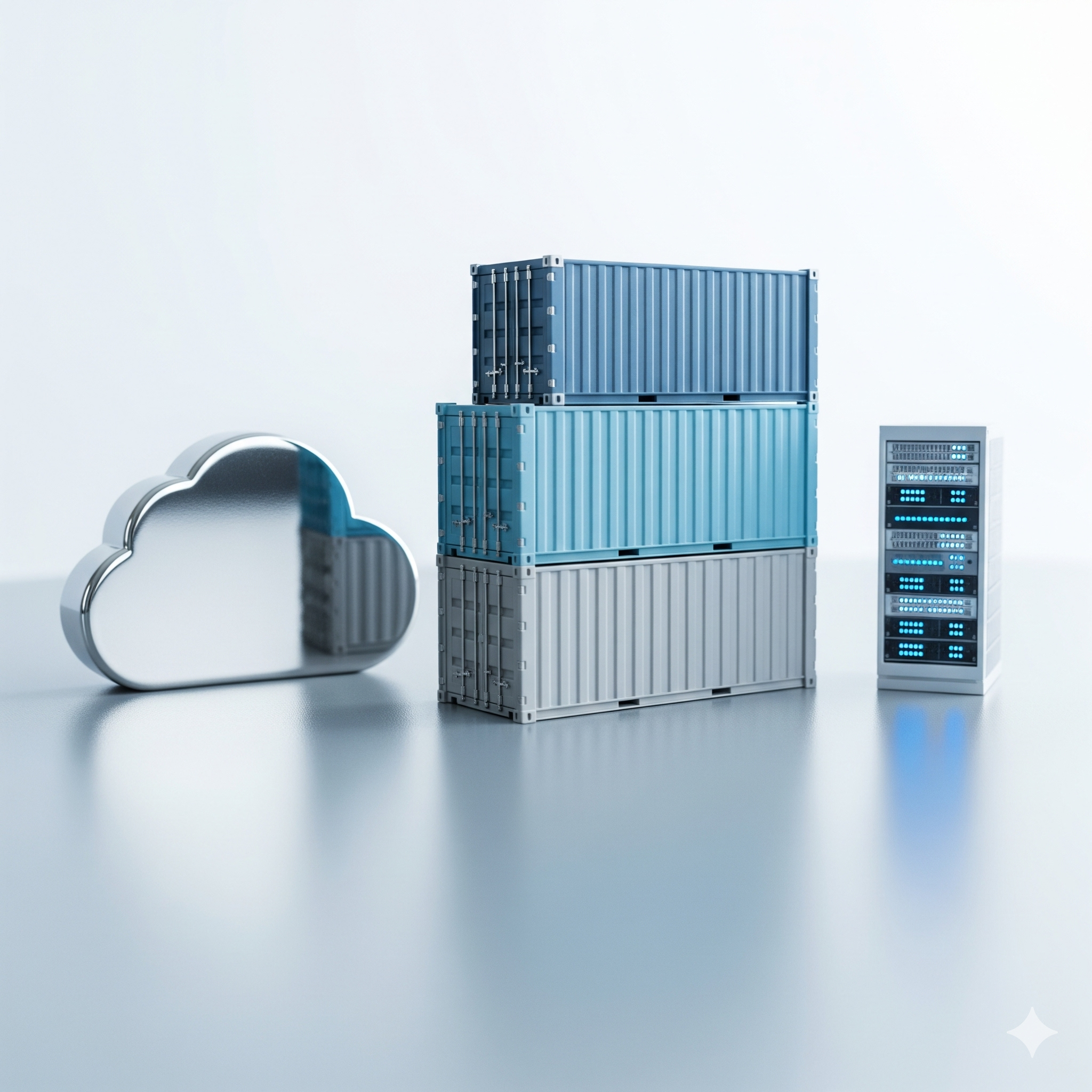 Cloud, stacked containers, and server on reflective surface.