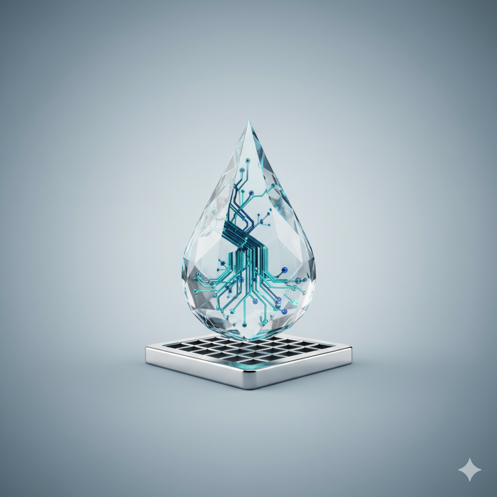 A digital droplet with circuit patterns on a square base.