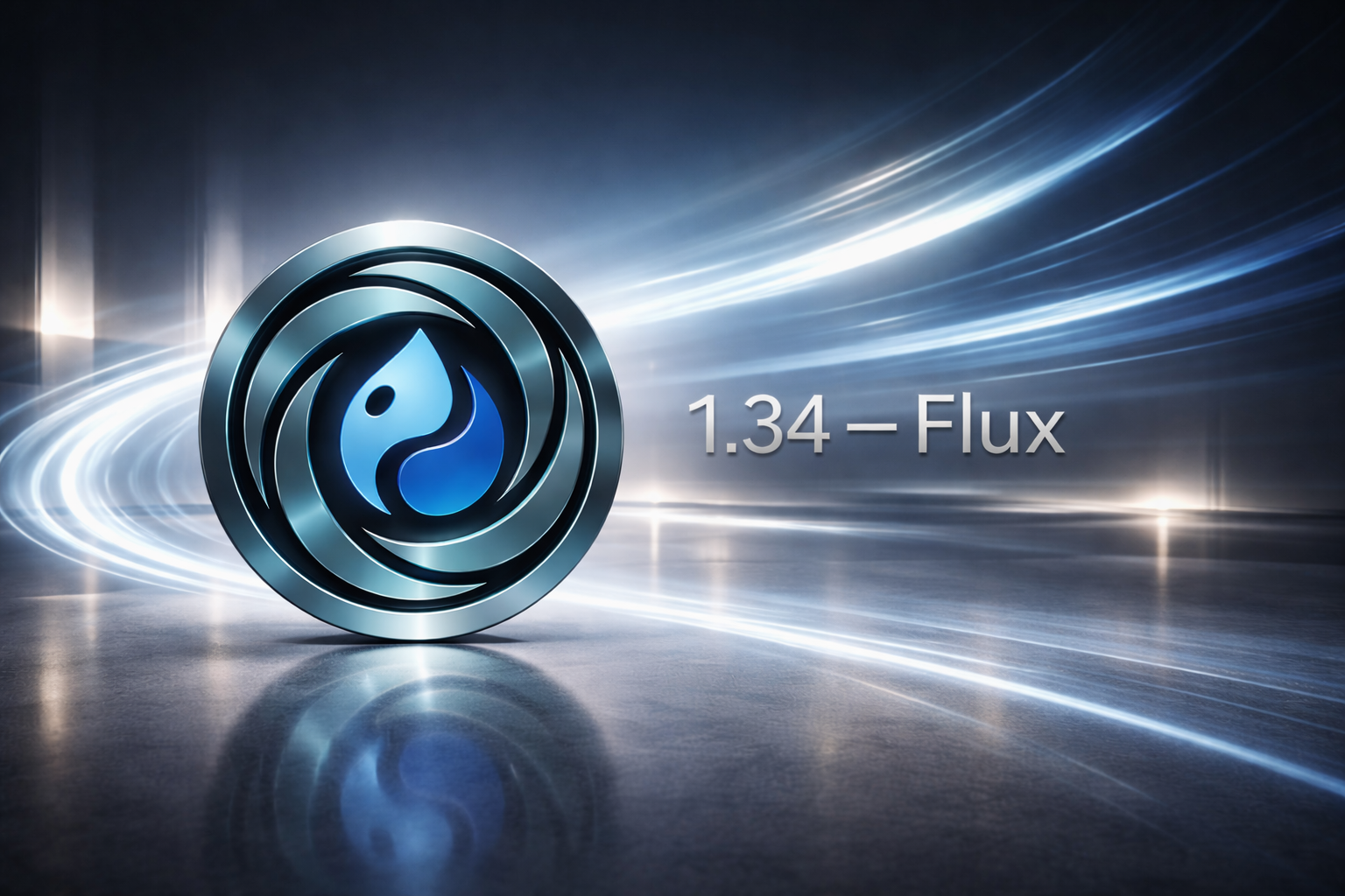 A blue and black logo on a glowing abstract background.