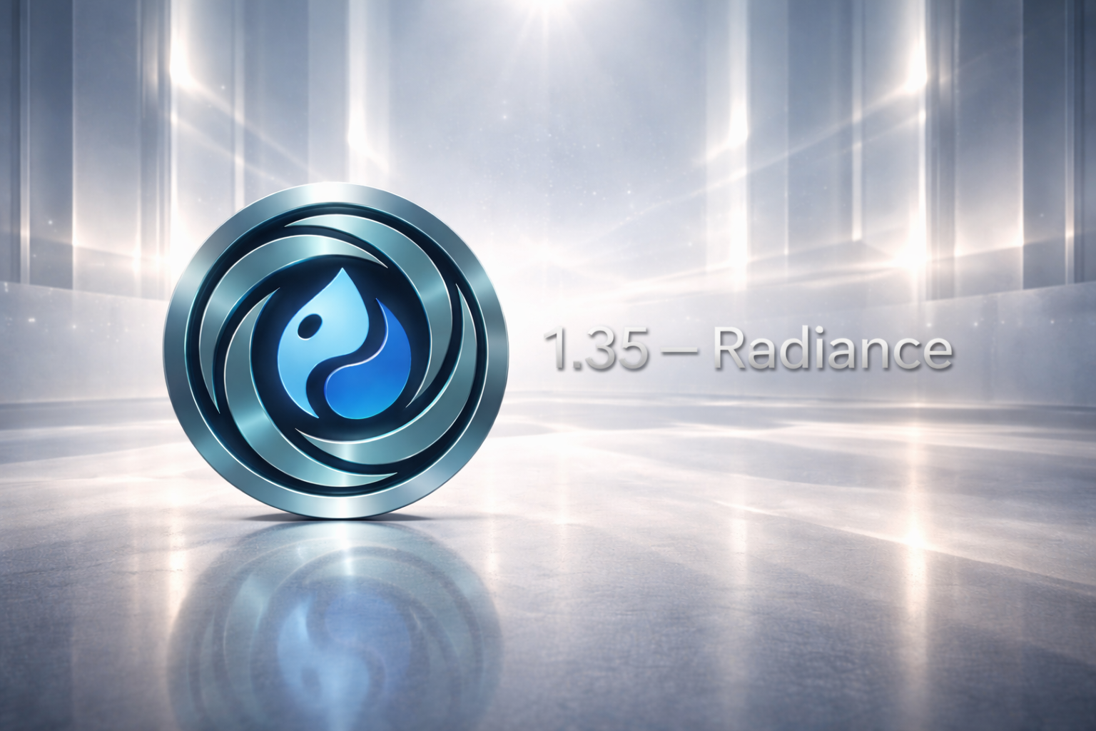 Shiny metallic logo with a blue swirl on a reflective surface.