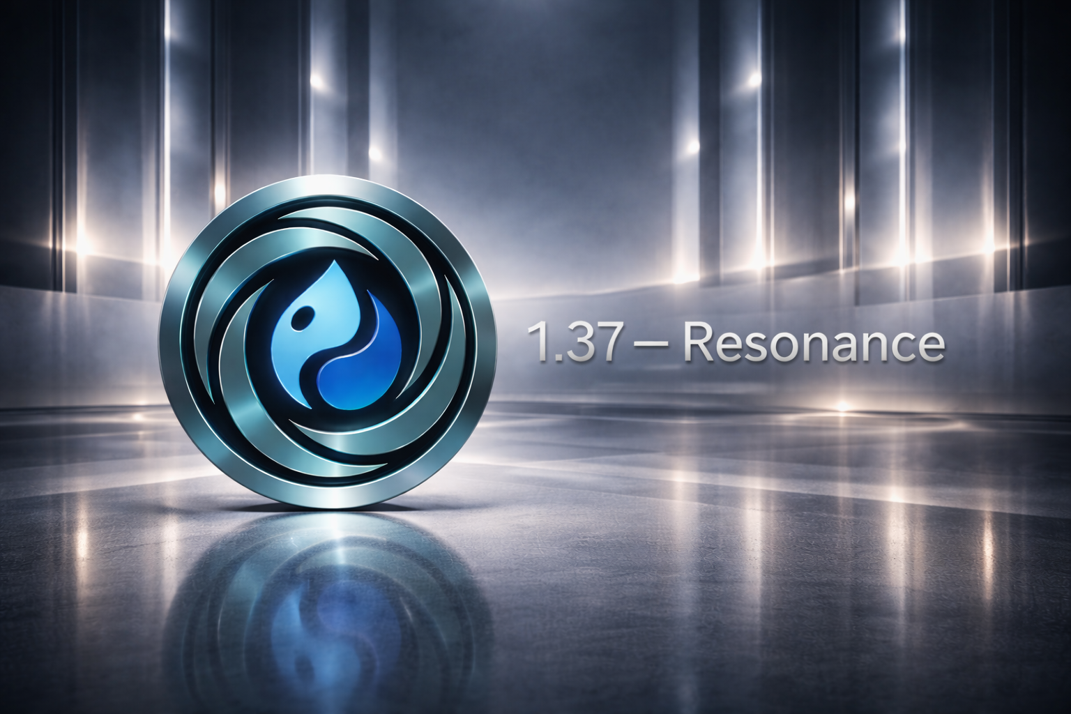Silver and blue logo, glossy reflective floor. Text reads: "1.37 - Resonance".