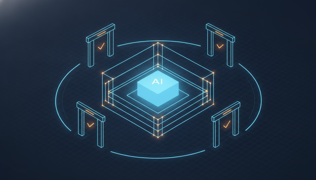 Glowing blue AI cube surrounded by four doorways in a circular arrangement.