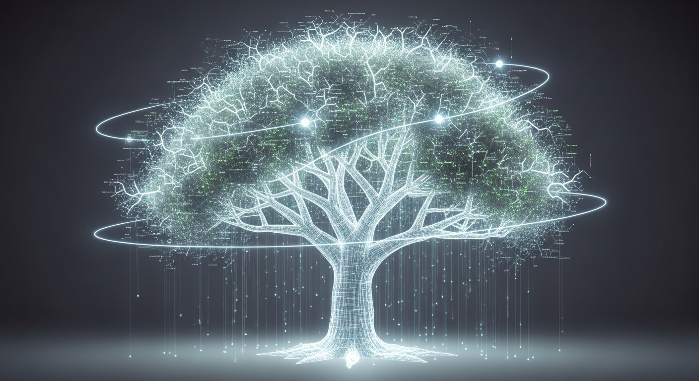Digital tree with glowing branches and orbiting rings.