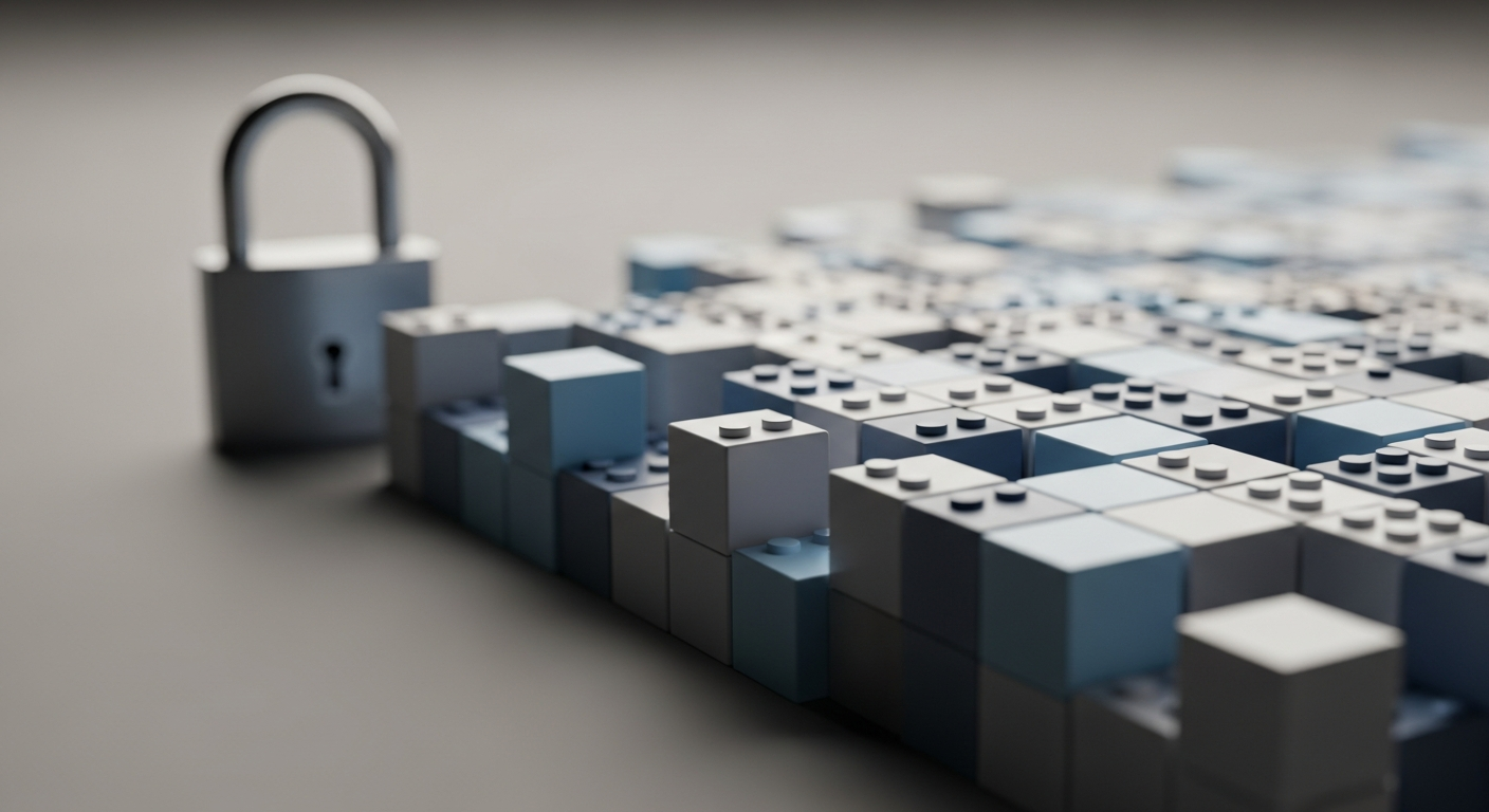 Silver padlock next to a structured grid of light blue and white building blocks.