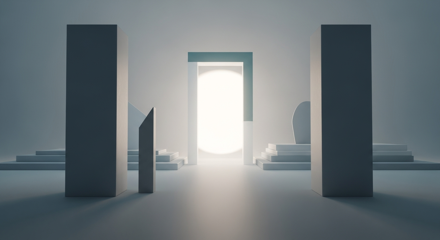 Minimalist architectural hallway with a bright doorway ahead.