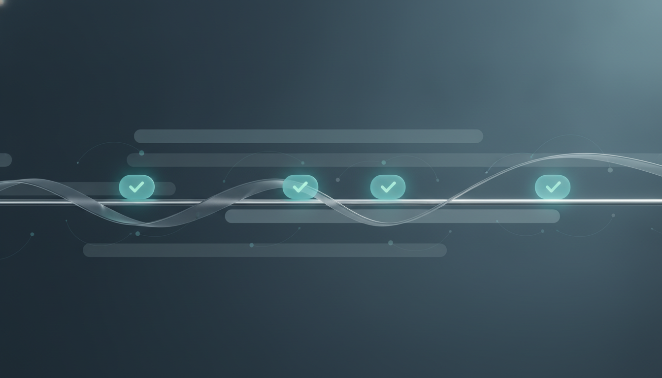 A calm, minimalist illustration in deep slate blue and teal: a continuous flowing line crosses a series of tiers marked with small teal check-marks, suggesting a platform brought up to its latest version with passing tests at each stage.
