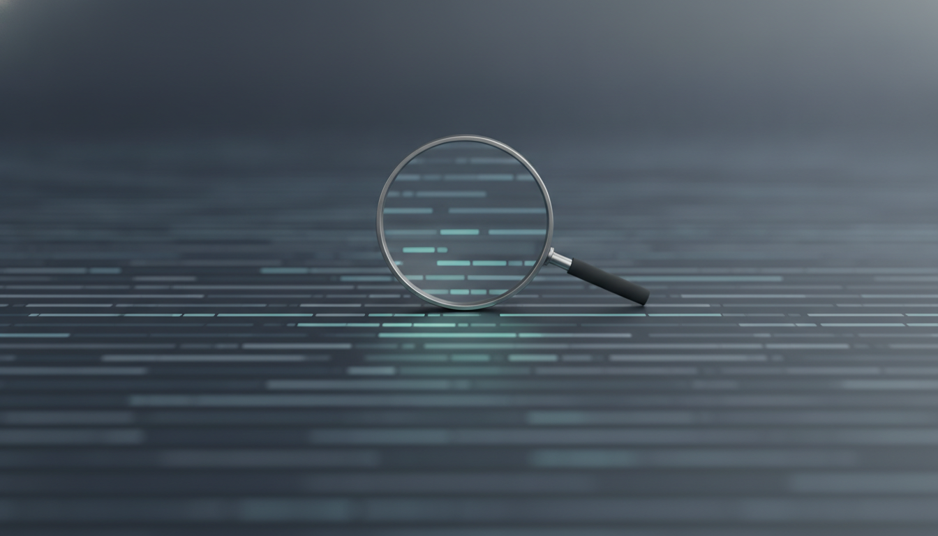 A magnifying glass held over lines of code on a dark screen, suggesting close review of software