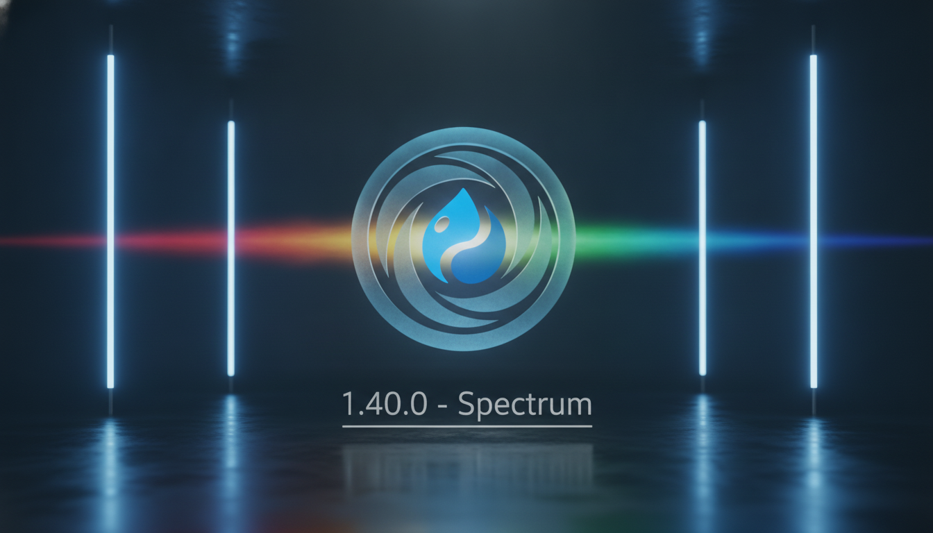 Logo with a water droplet inside a circular design, set against a rainbow spectrum and neon lights.