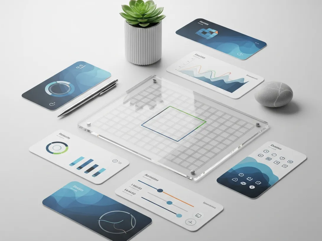 Interactive digital dashboard layout with charts and a plant.