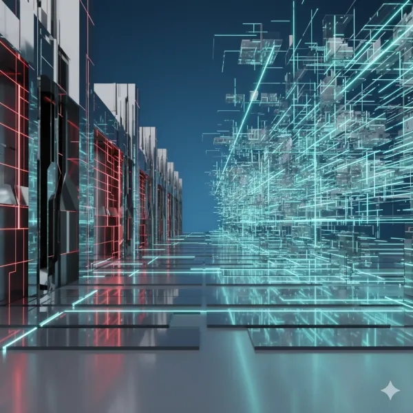 Data center illustration with digital networks and glowing circuits.