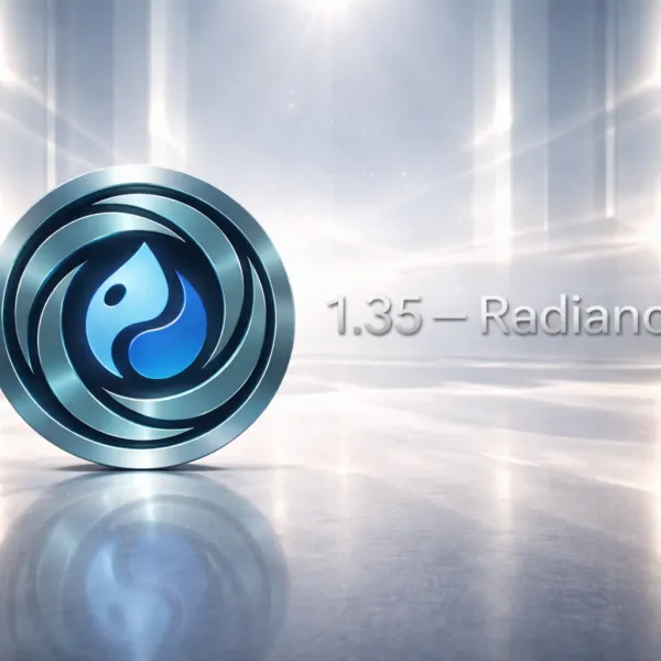 Shiny metallic logo with a blue swirl on a reflective surface.