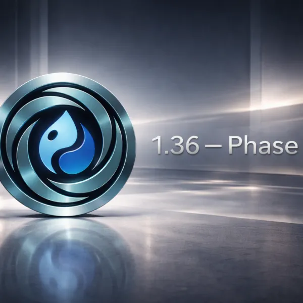 Silver and blue logo, glossy reflective floor. Text reads: "1.36 - Phase".