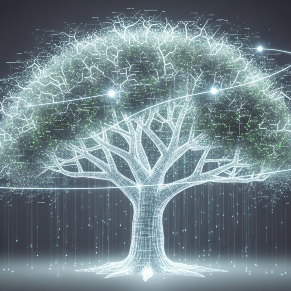 Digital tree with glowing branches and orbiting rings.