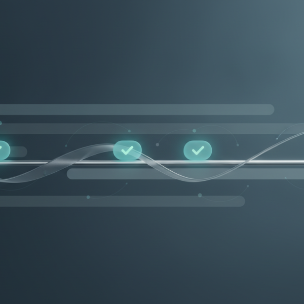 A calm, minimalist illustration in deep slate blue and teal: a continuous flowing line crosses a series of tiers marked with small teal check-marks, suggesting a platform brought up to its latest version with passing tests at each stage.