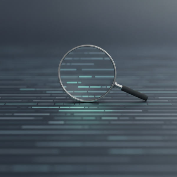 A magnifying glass held over lines of code on a dark screen, suggesting close review of software