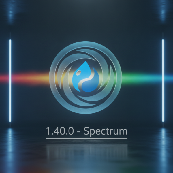 Logo with a water droplet inside a circular design, set against a rainbow spectrum and neon lights.